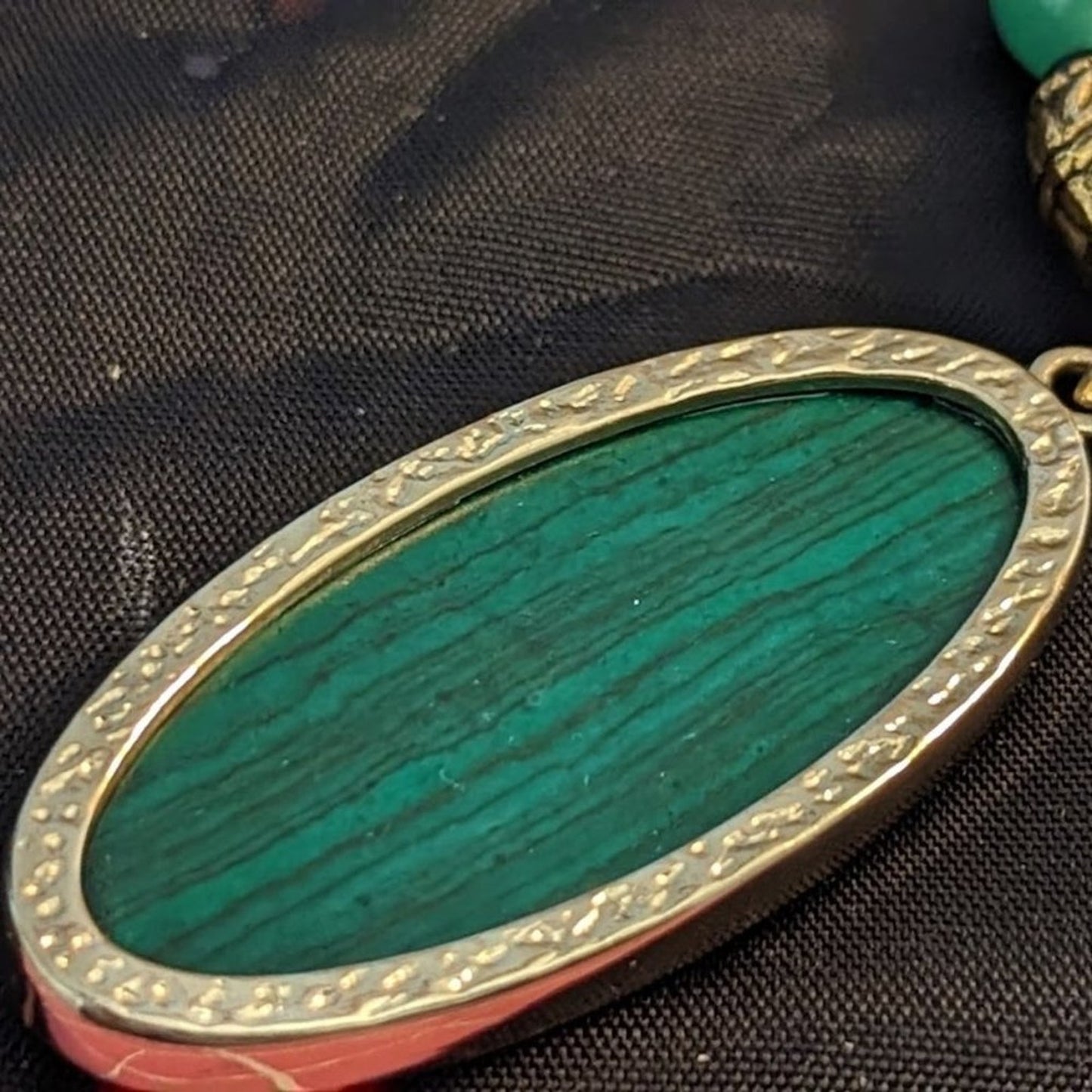 Green Gemstone Black Carved Bead Malachite Pendant Necklace