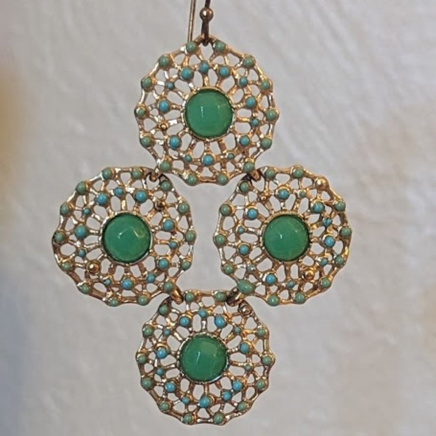 Green Bead, Enamel Dotted Filigree Boho Dangle Earrings on French Wires