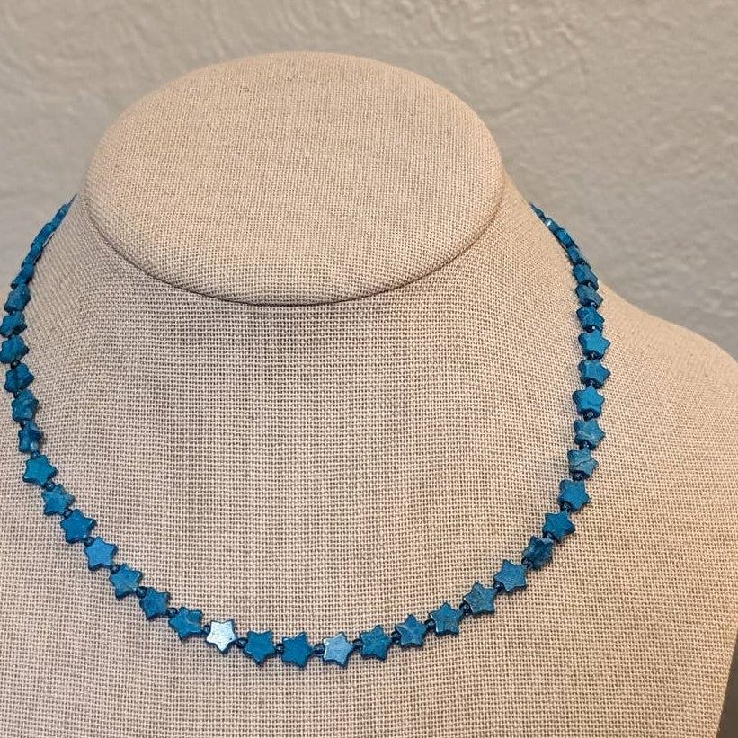 Natural Turquoise Beads Cut In Star Pattern 16" Necklace Choker