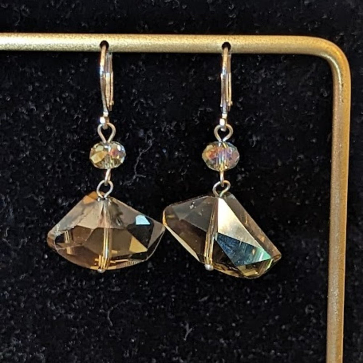 Smoky Cut Glass and Crystal Lever Back Earrings Silver Tone