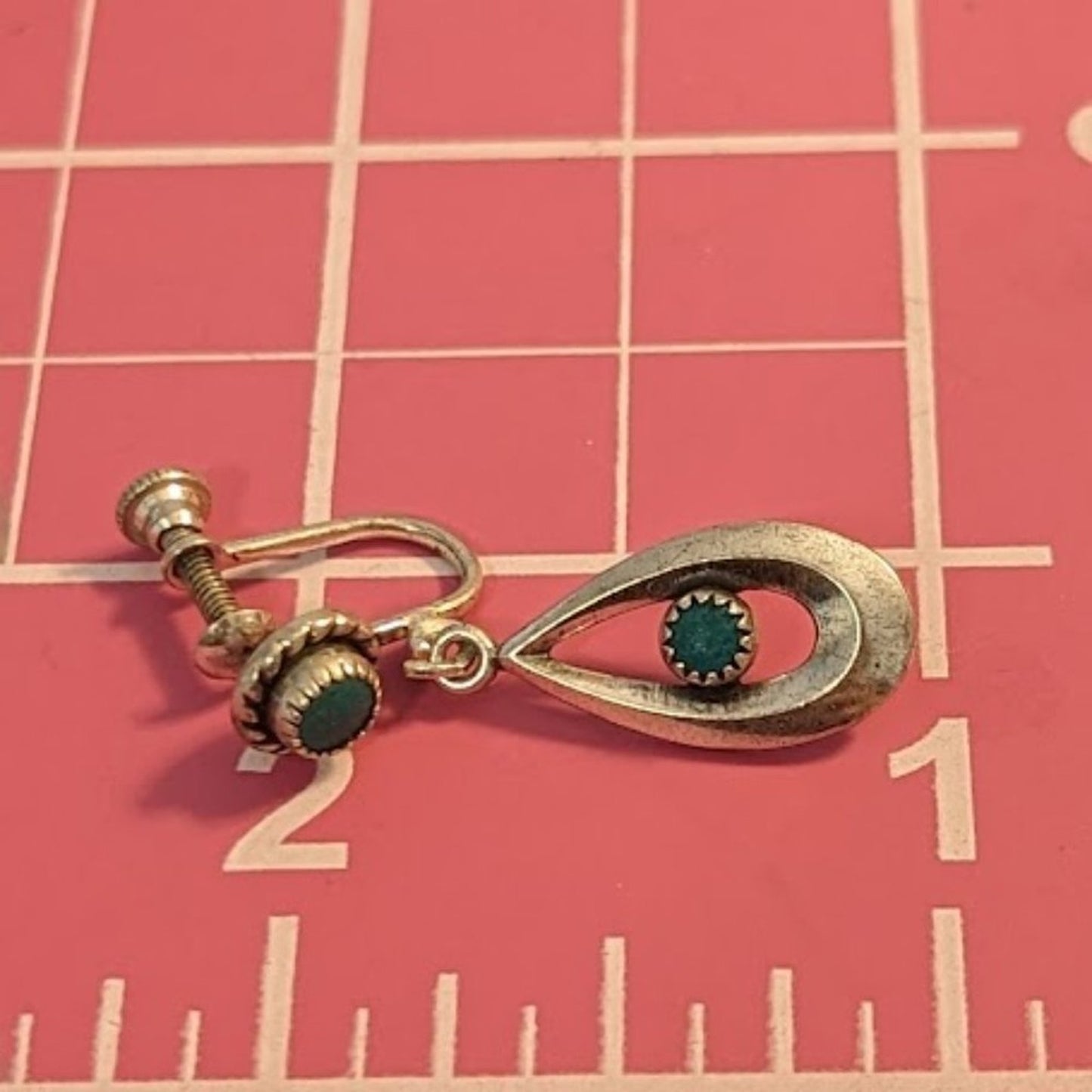 Vintage Marked Sterling Petit Point Turquoise Screw On Teardrop Dangle Earrings