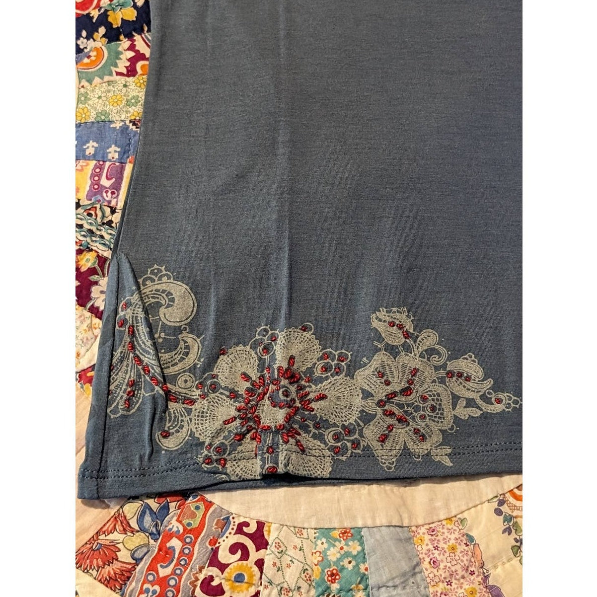 G. Designs Dusty Blue Embroidered Boho Long Sleeve Viscose/Lycra Tee Womens Sz L
