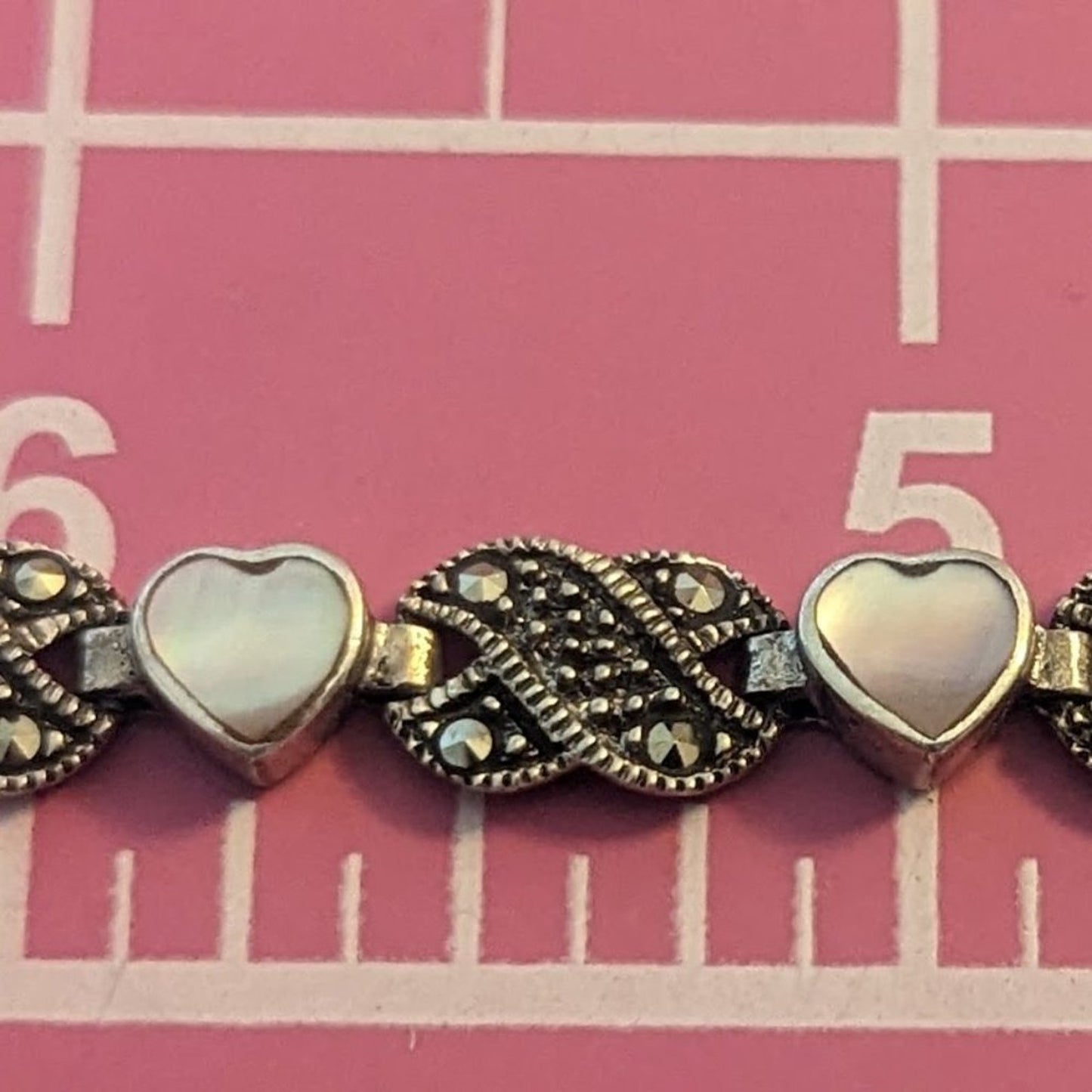 Vtg 925 Sterling Silver MOP Marcasite Fold Over Clasp Heart Link Bracelet 15.1g