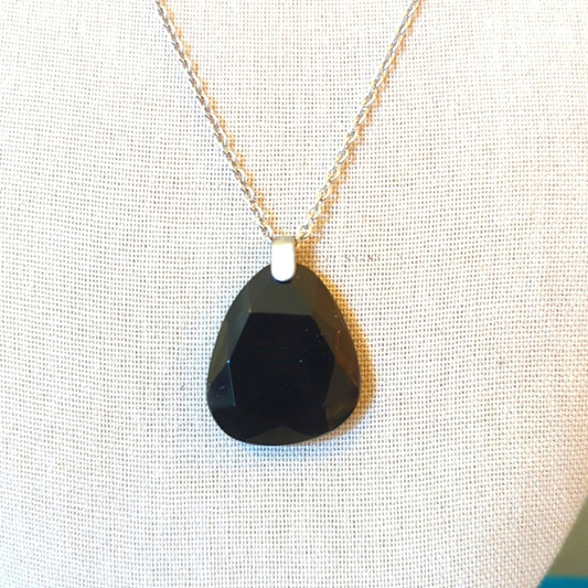 Vintage Faceted Glass Teardrop Sterling Silver Pendant on Silver Tone 18" Chain