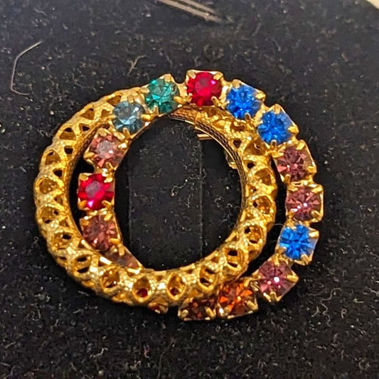 Vintage Unbranded Jewel Tone Rhinestone Double Wreath Brooch Gold Tone