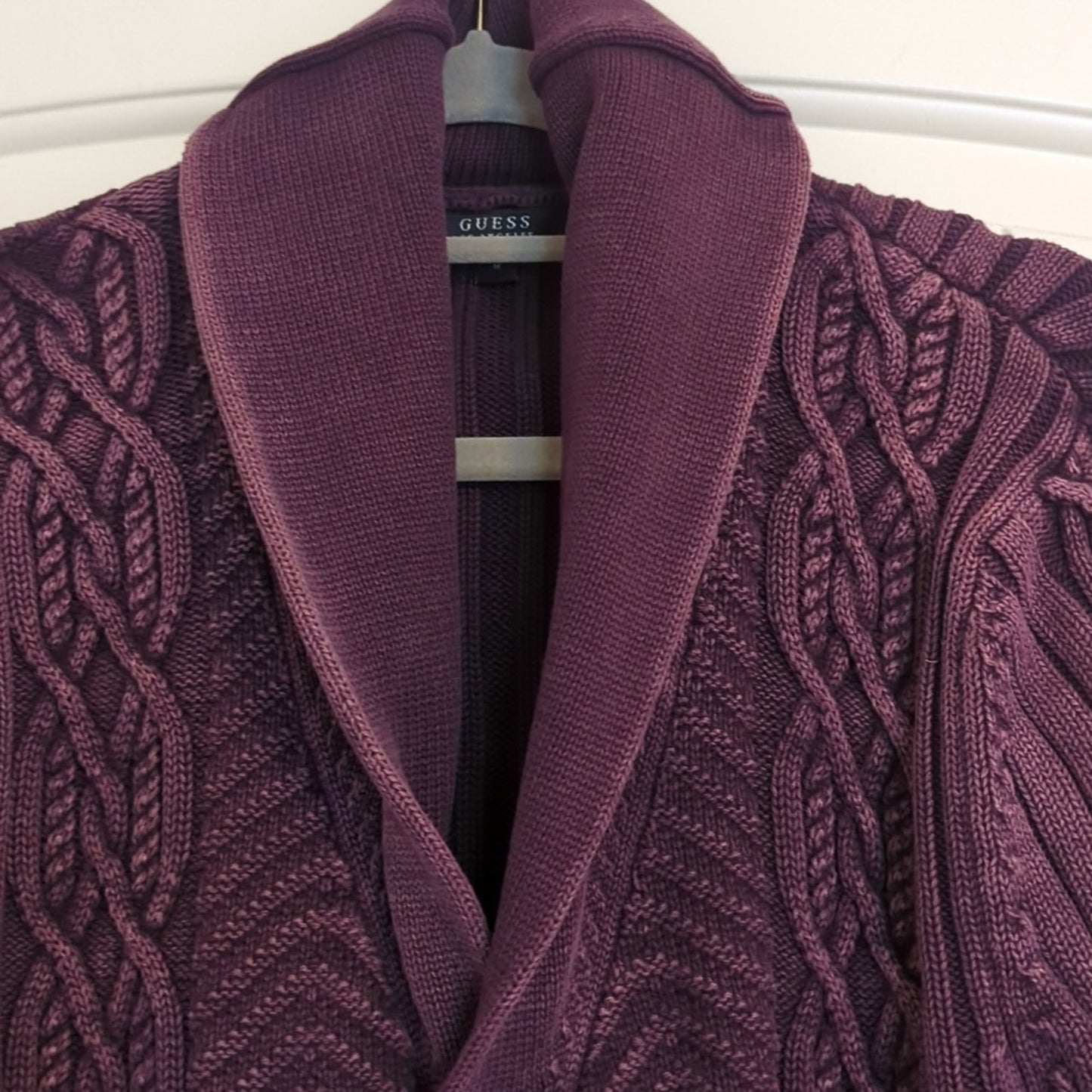 Guess Cabled Button Front Shawl Collar Distressed Purple Cardigan Women's Size M