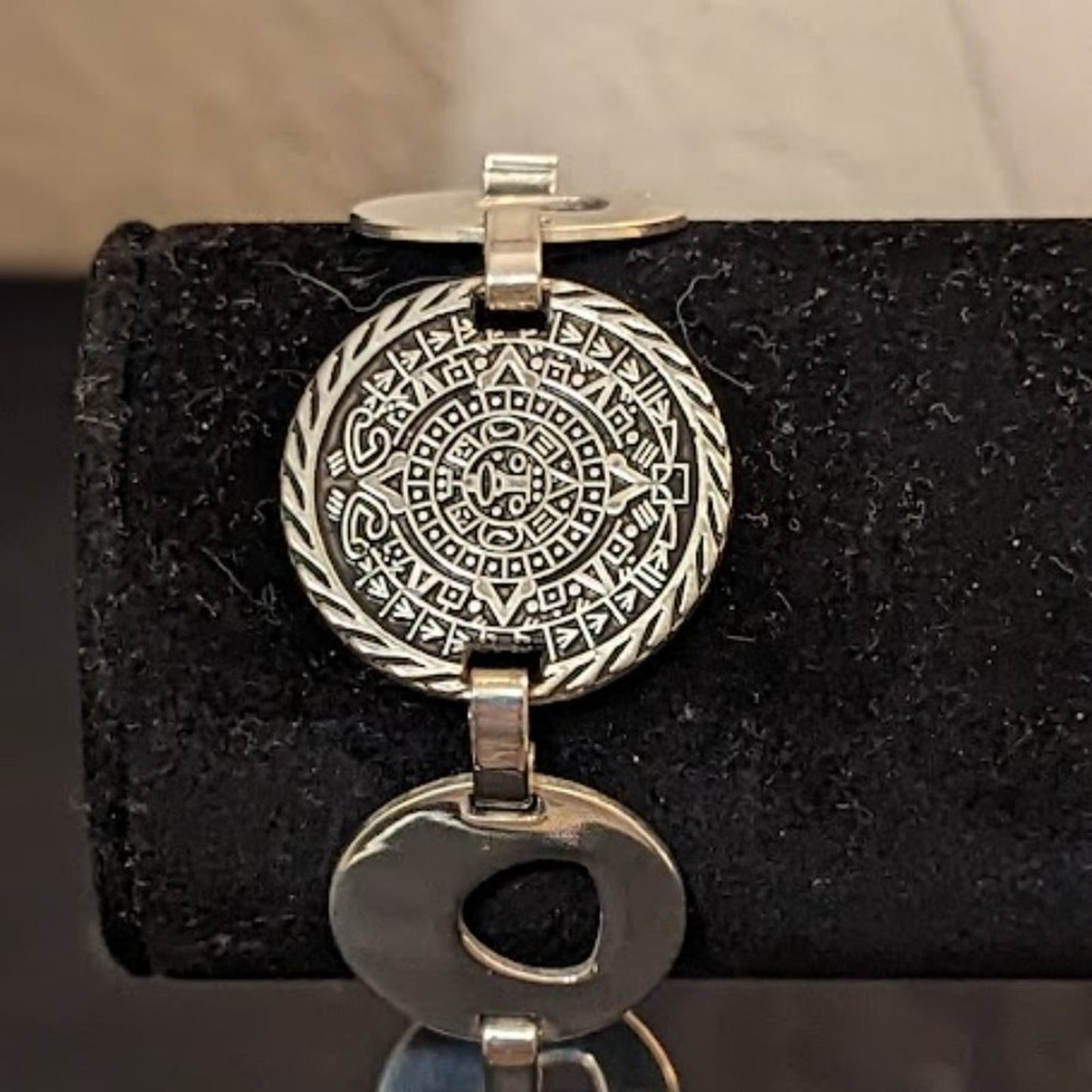 Vintage Silver Tone Mayan Aztec Calendar Coin Fold Over Clasp Bracelet