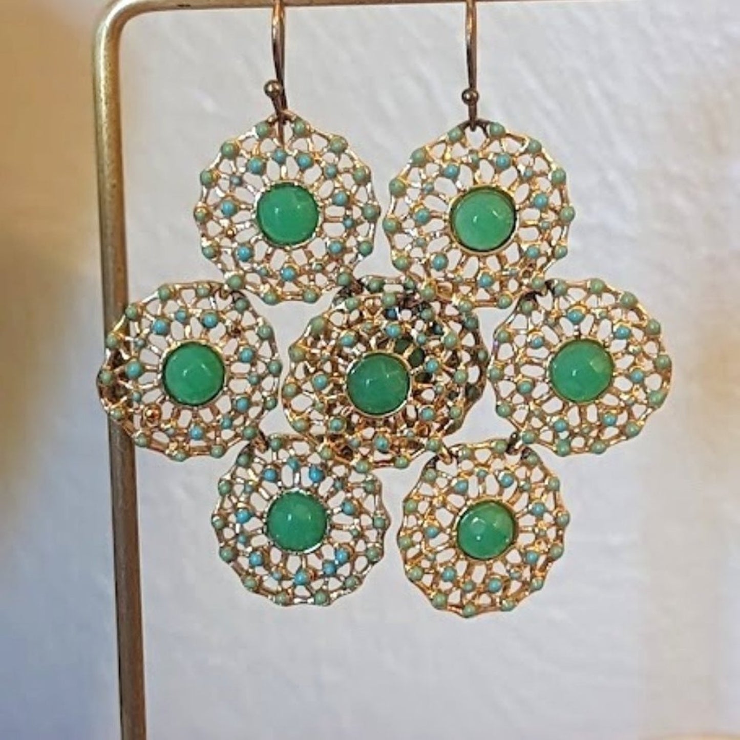 Green Bead, Enamel Dotted Filigree Boho Dangle Earrings on French Wires