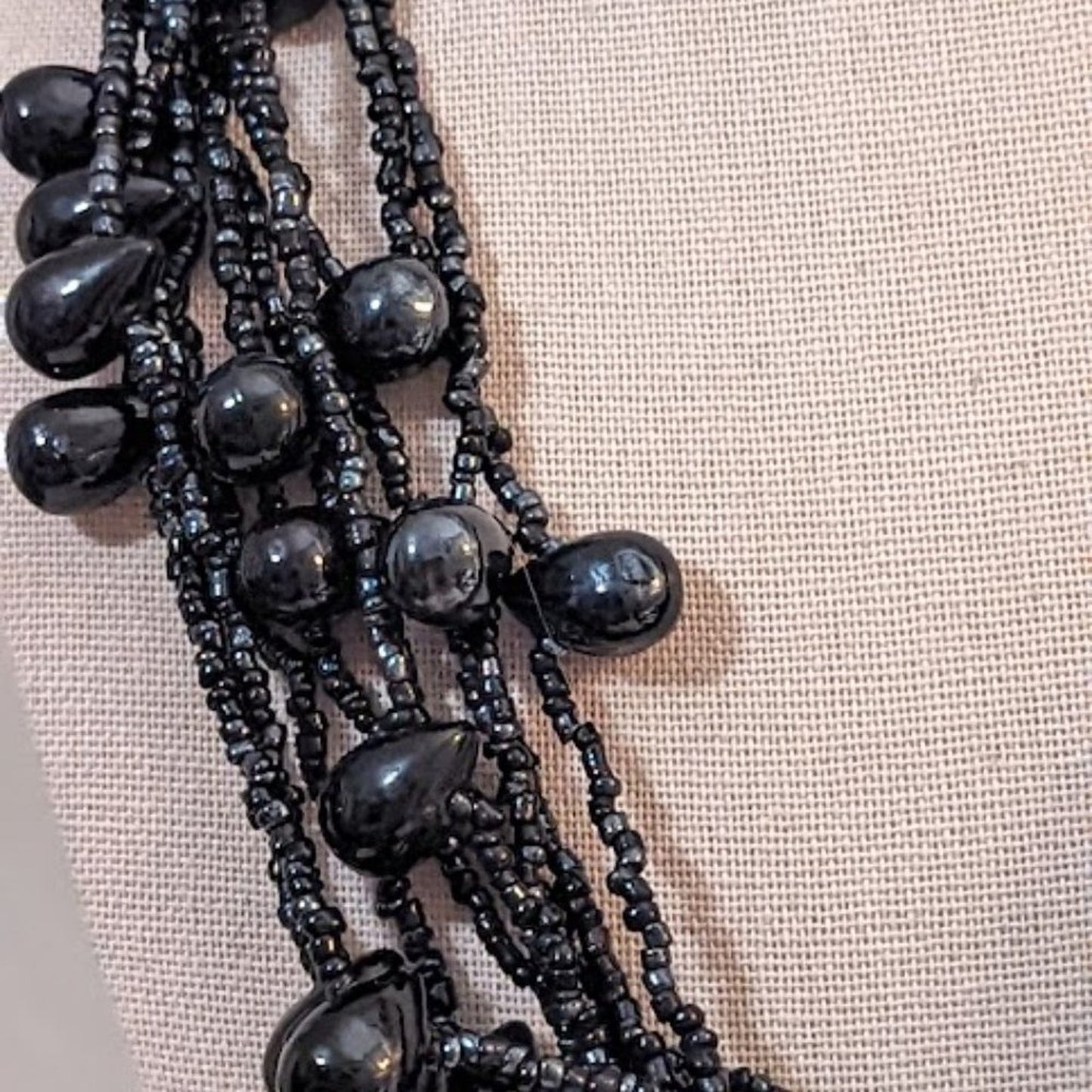 Chunky Black Glass Multi-Strand Seed Bead and Teardrop Bead Necklace