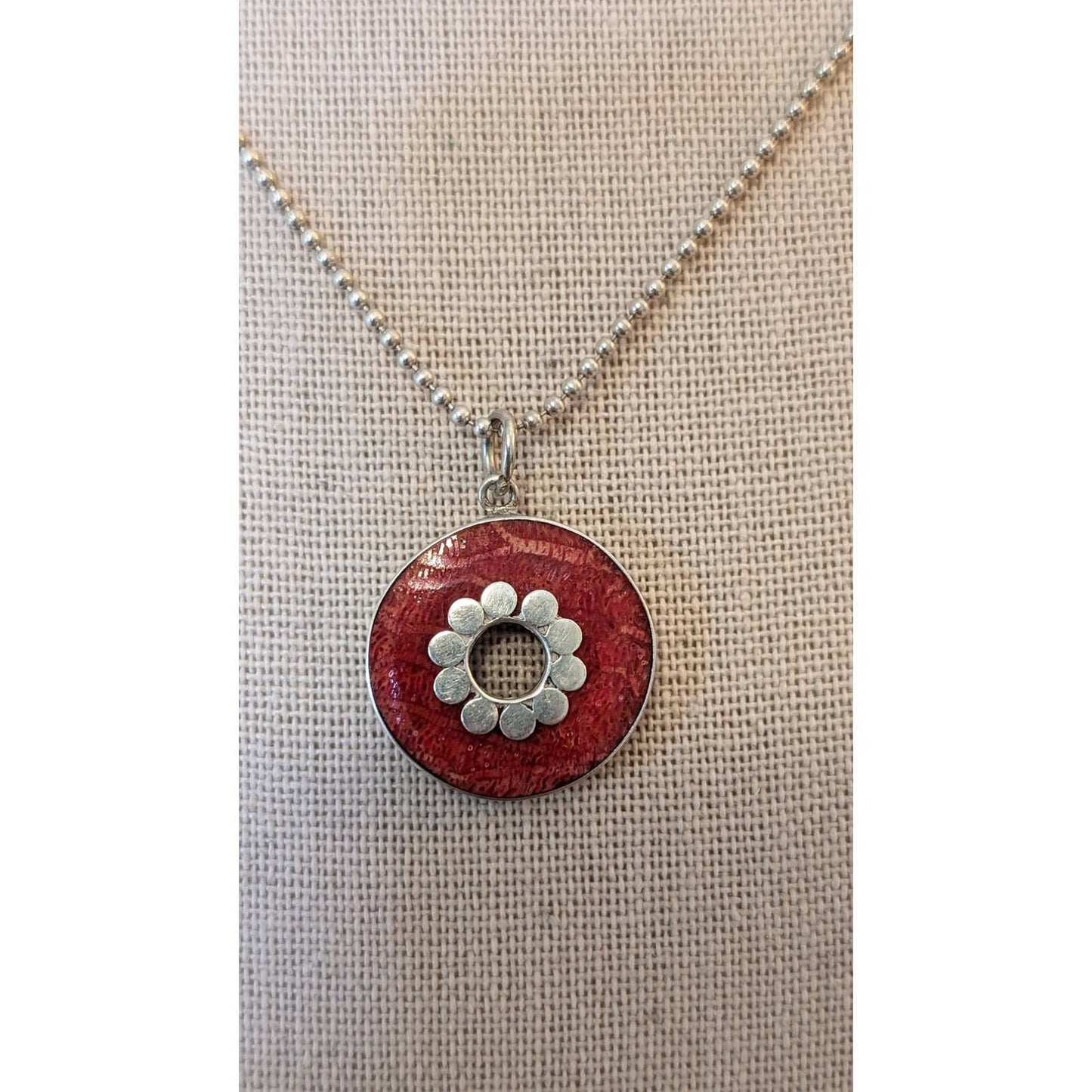 Bezel Set Oval Red Coral Pendant on Italian 925 Sterling Bead Ball 16" Chain