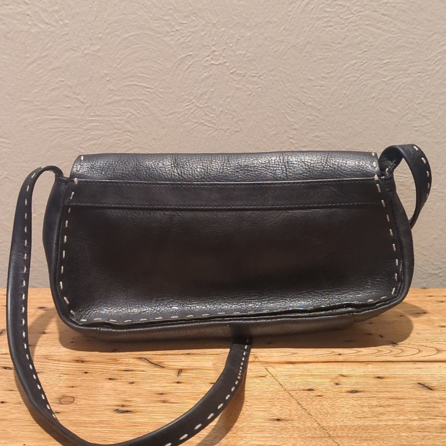 Adrienne Vittadini Crossbody Black Pebbled Topstitch Small Leather Handbag