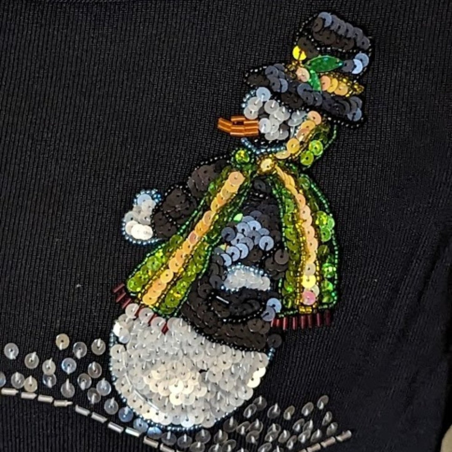 Tribeca Embellished Snowman Scoop Neck Long Sleeve Black Sweater Women's Size L