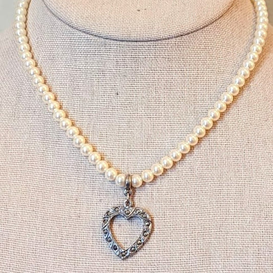 1928 Faux Pearl Necklace with Silver Tone Heart