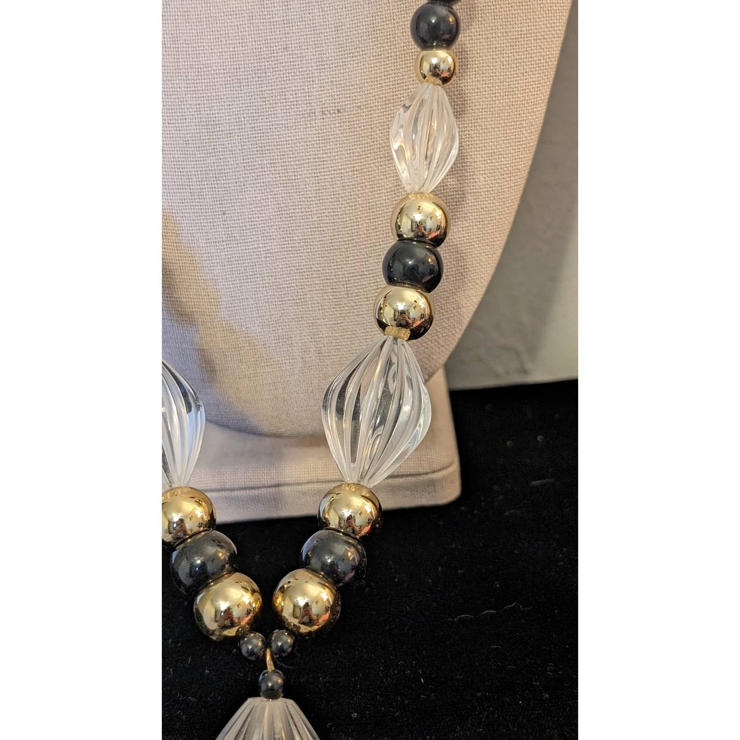 Art Deco Hollywood Glam Black Bead Clear Lucite Tassel Bold Statement Necklace