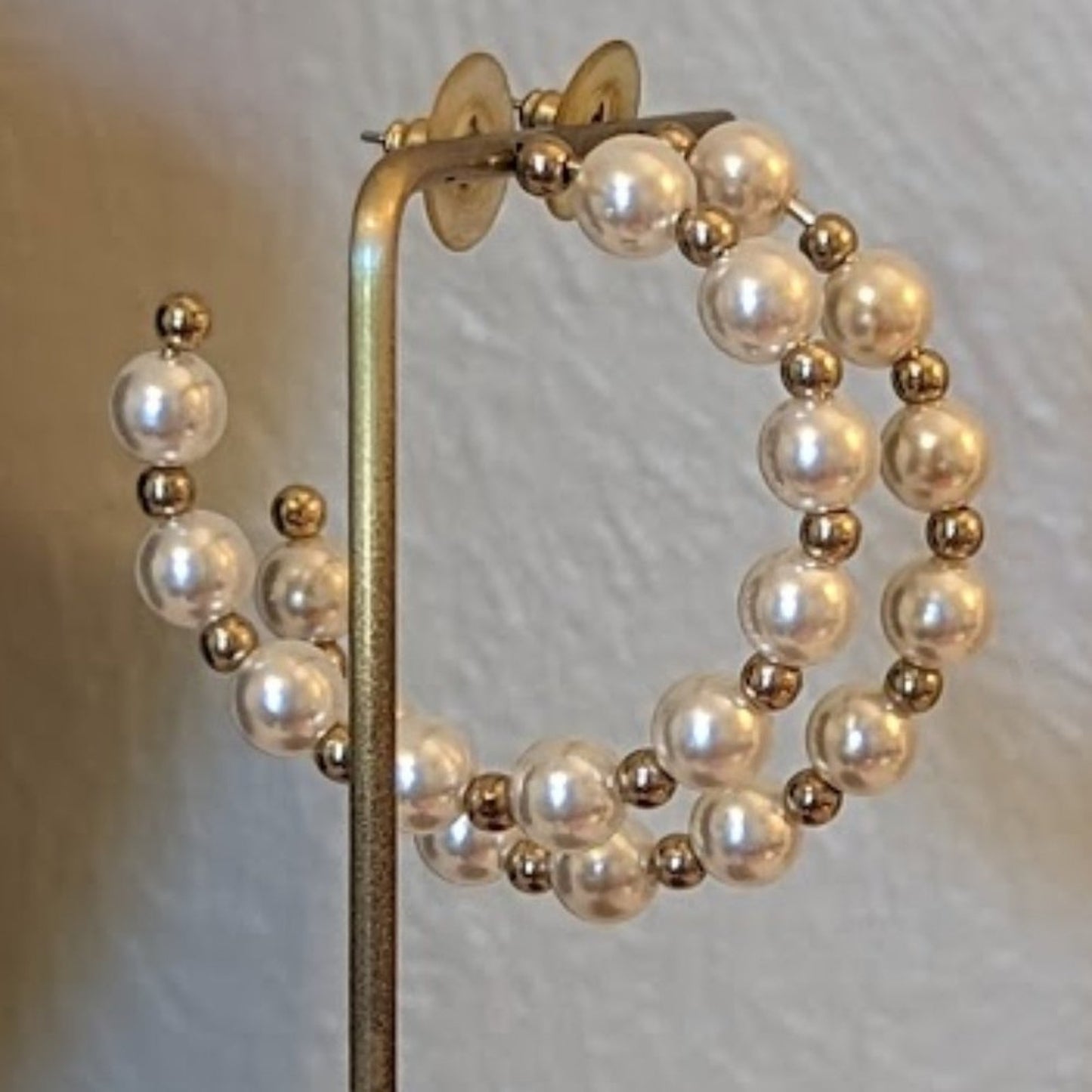 Pearl and Gold Tone Bead Hoop Earrings