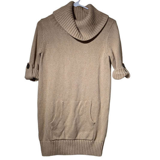 Athleta Cashmere Blend Camel Pullover Cowl Neck Short Button Sleeve Sweater Sz M