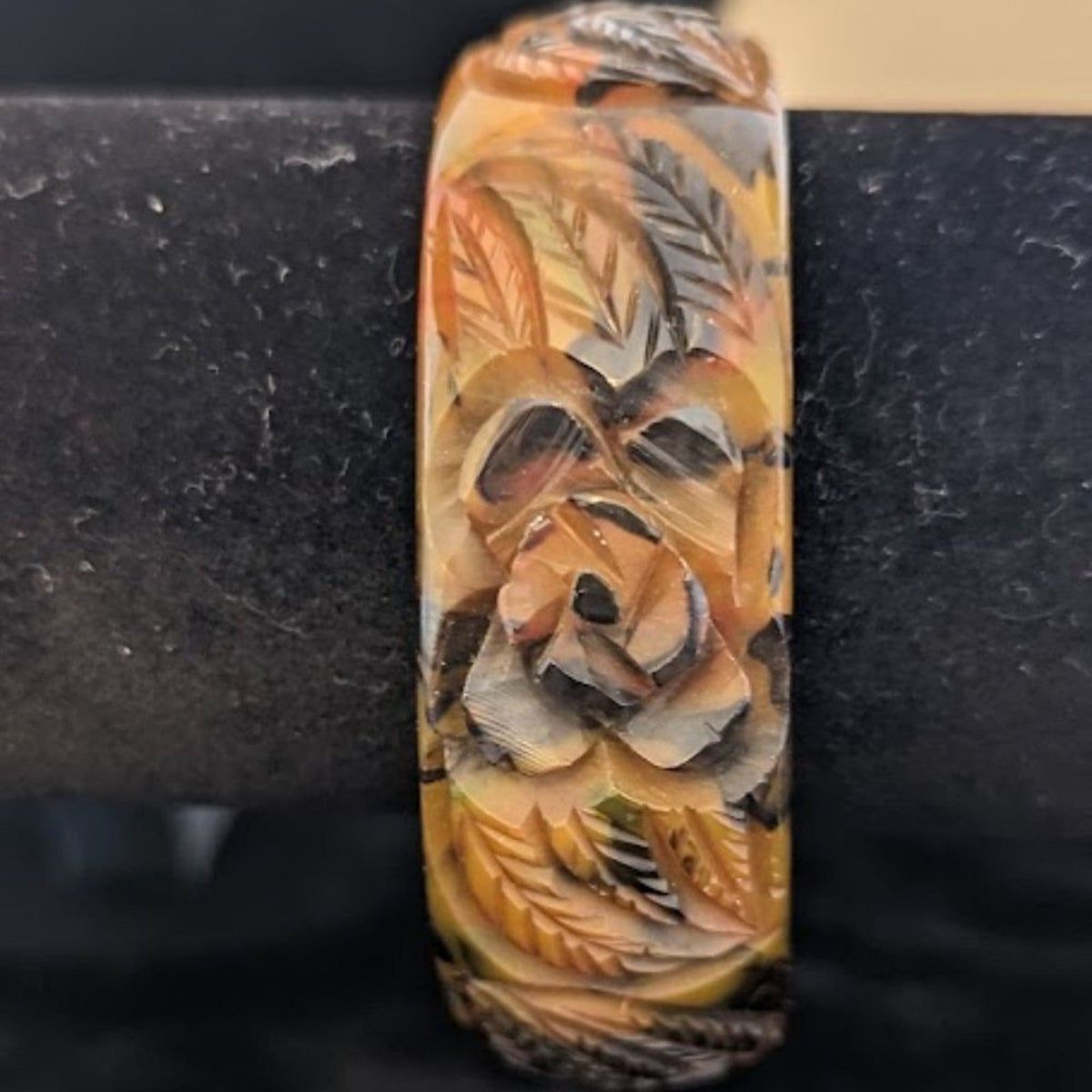 Rare 1930s Carved Roses Translucent End of Day Bakelite Bangle Bracelet