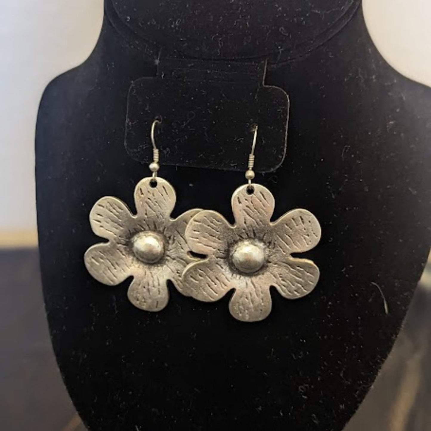 Large dangle pewter flower earrings