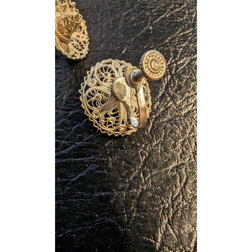 Vintage 1940s Sterling 925 Mexico Sombrero Hat Filigree Screw Back Earrings