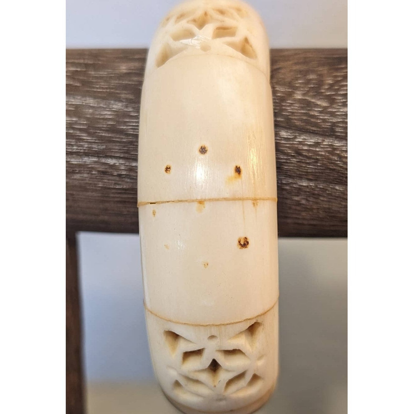 Vintage 50s Art Deco Cream Carved Cut Out Chunky 8" Bangle Bracelet