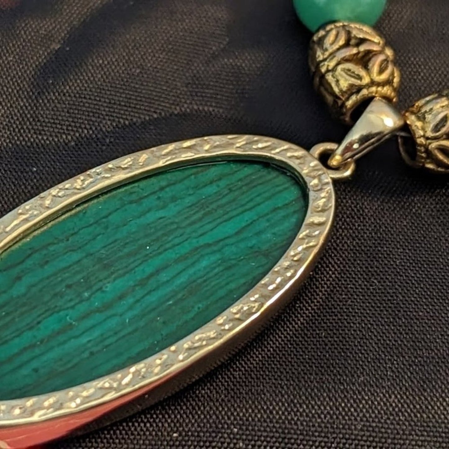 Green Gemstone Black Carved Bead Malachite Pendant Necklace