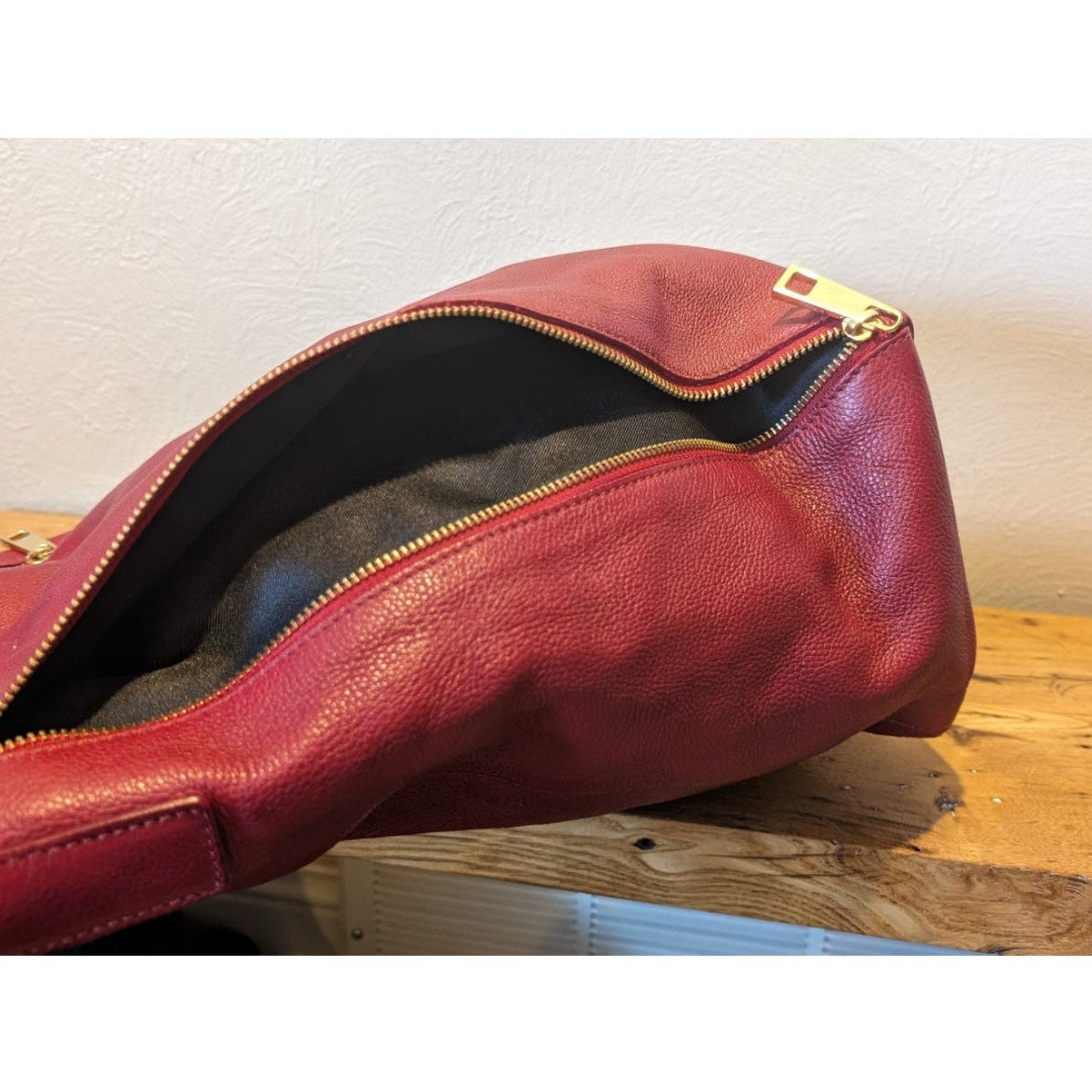 Varriale Dark Red Italian Leather Double Front Gold Zipper Bucket Shoulder Bag