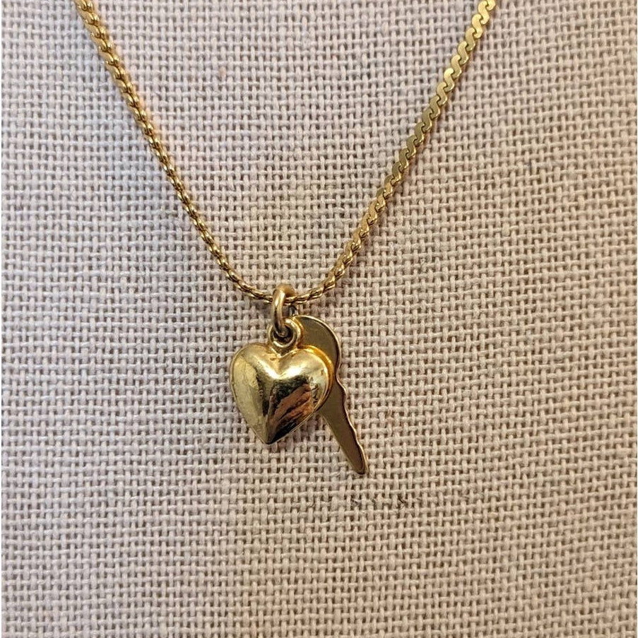 Key to My Heart Gold Tone Key & Heart Charm 18" Necklace  W/ Spring Ring Clasp