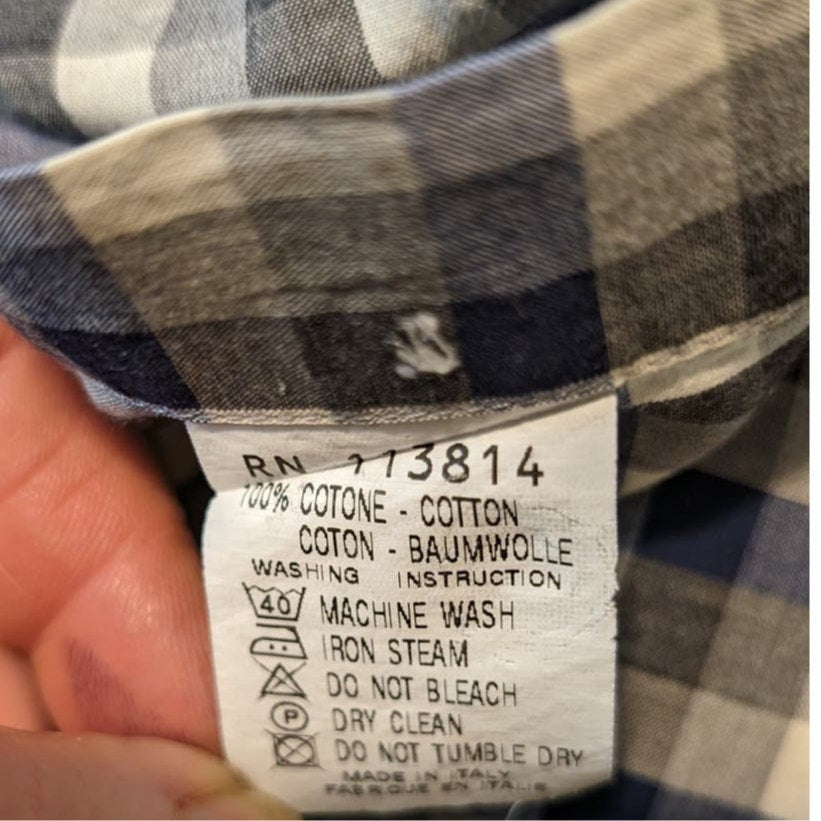 Billy Reid Made in Italy Blue Gray Check Standard Cut Button Up Shirt Mens Sz S