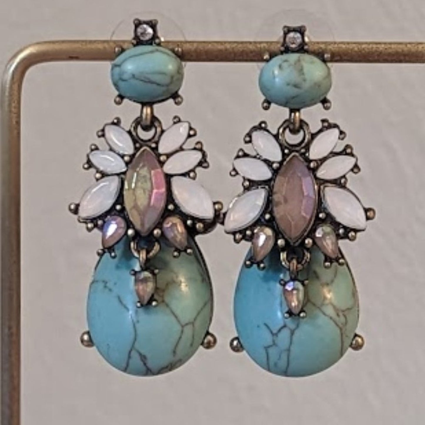 Chunky Turquoise Dyed Howlite and Crystal Statement Post Earrings