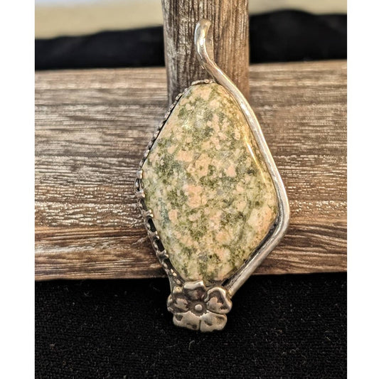 Thulite or Unakite Large Stone Pendant Set in Sterling 925 Marked 'Irene'