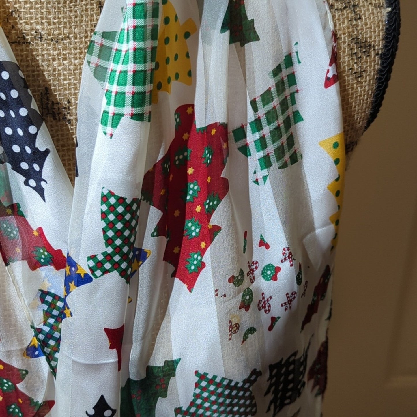 Christmas Holiday Patchwork Tree Design White 52" Long 10" Wide Rectangle Scarf