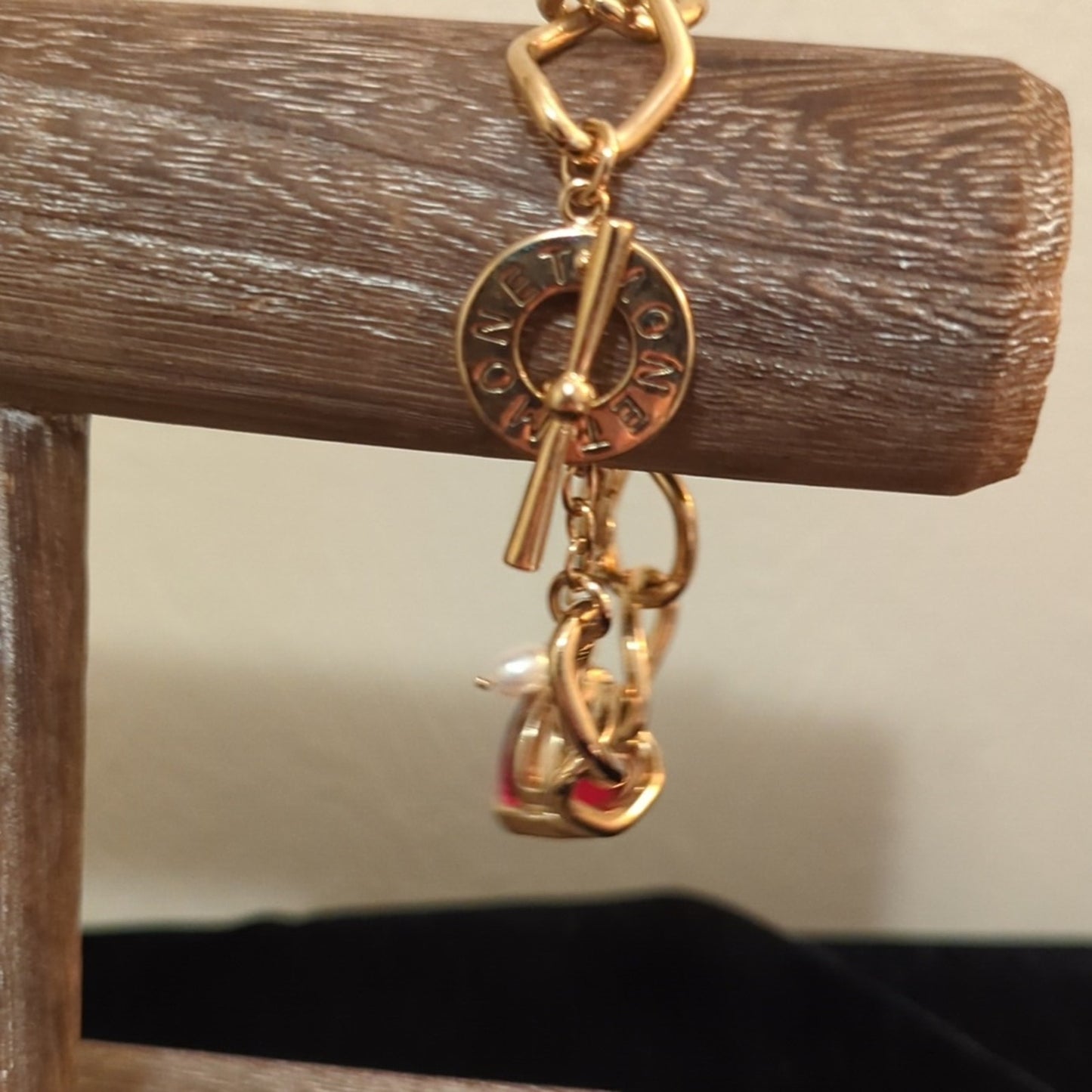Monet Red Teardrop Crystal Charm Gold-Tone Chain Toggle Clasp Bracelet 6.5-6.75"