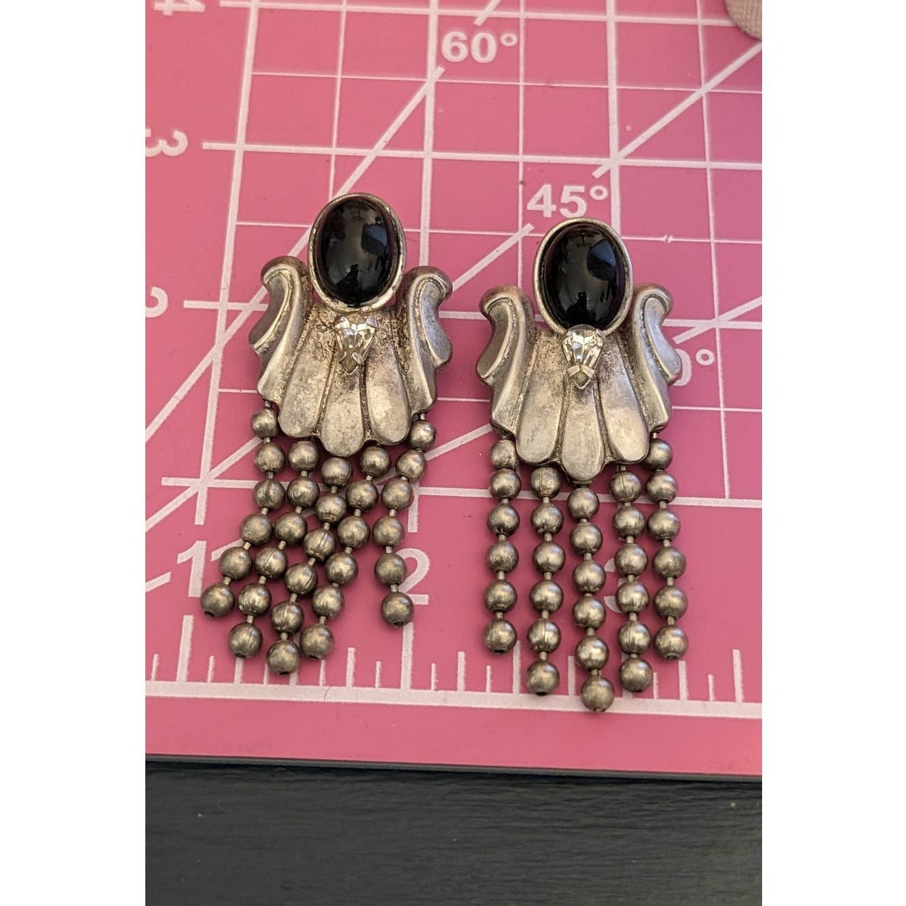 Vintage 80s Beaded Drop Silver Tone Black Bead Rhinestone Glam Post Earrings