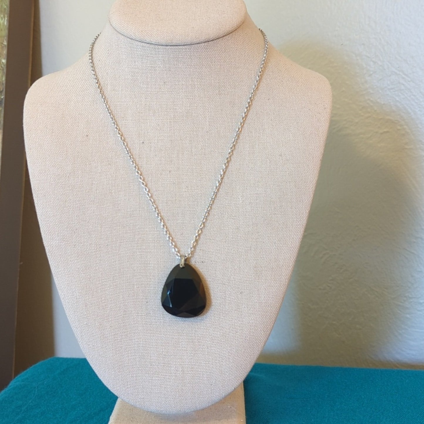 Vintage Faceted Glass Teardrop Sterling Silver Pendant on Silver Tone 18" Chain