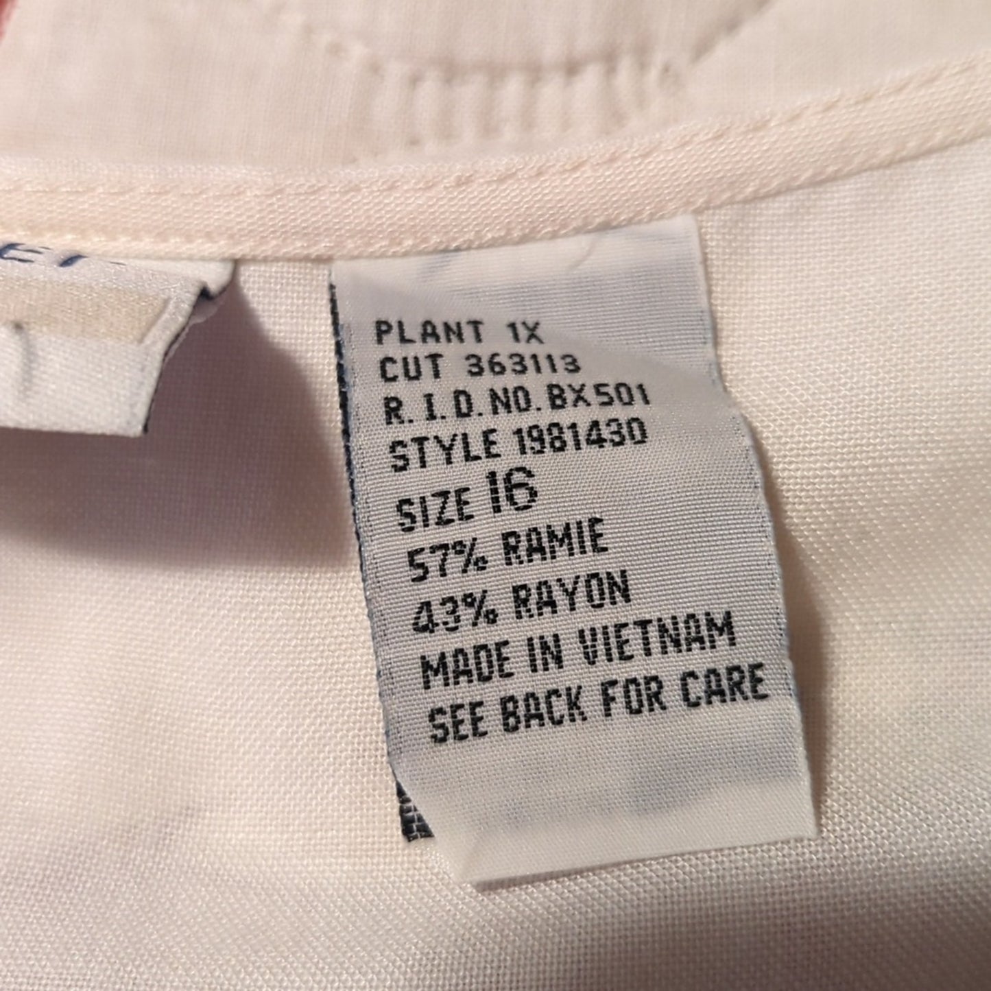 Vtg Koret Ramie/Cotton Blend Cream Shell w/ Pleated Lace Bottom Women's Size 16