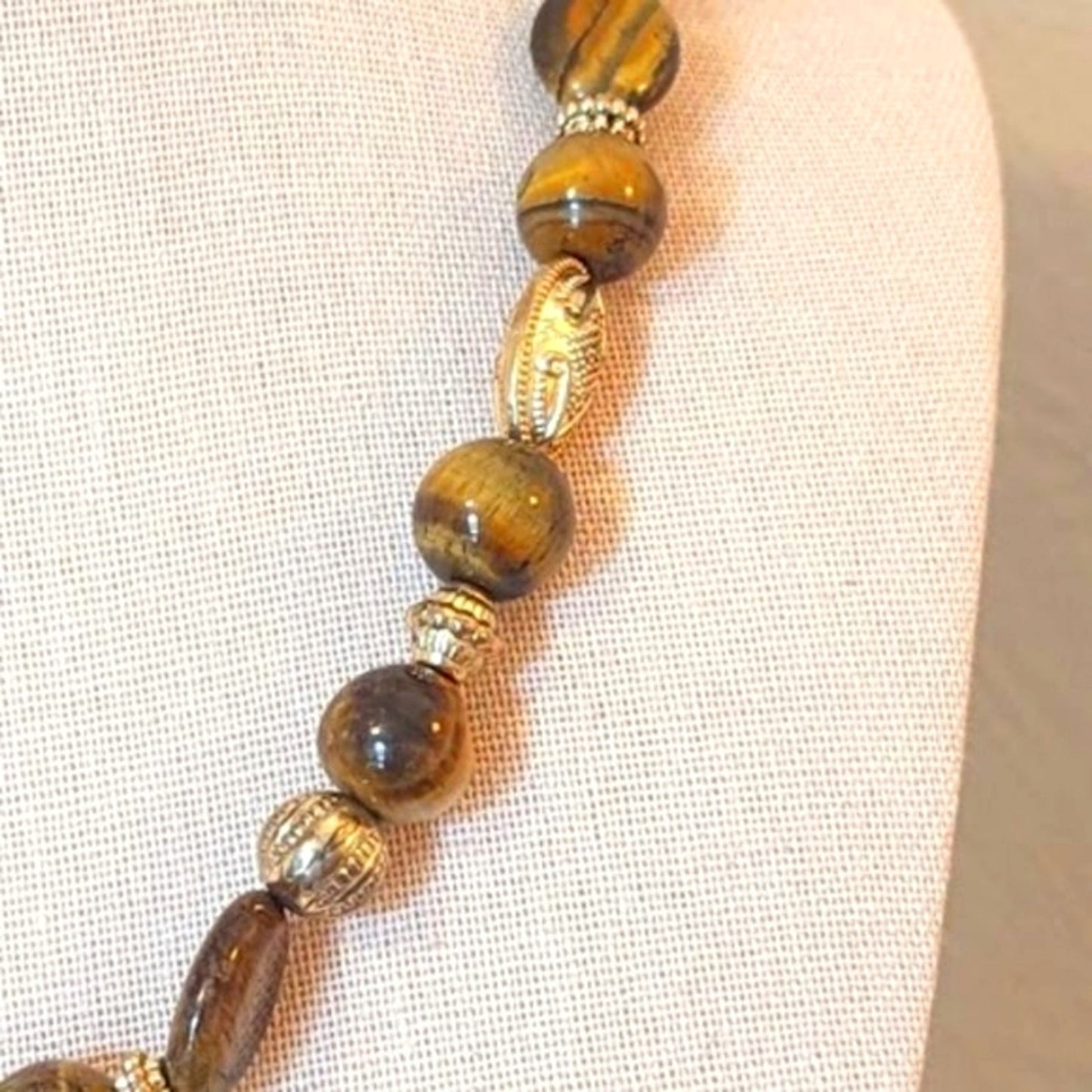 Tiger's Eye and Gold Toned Beaded Necklace