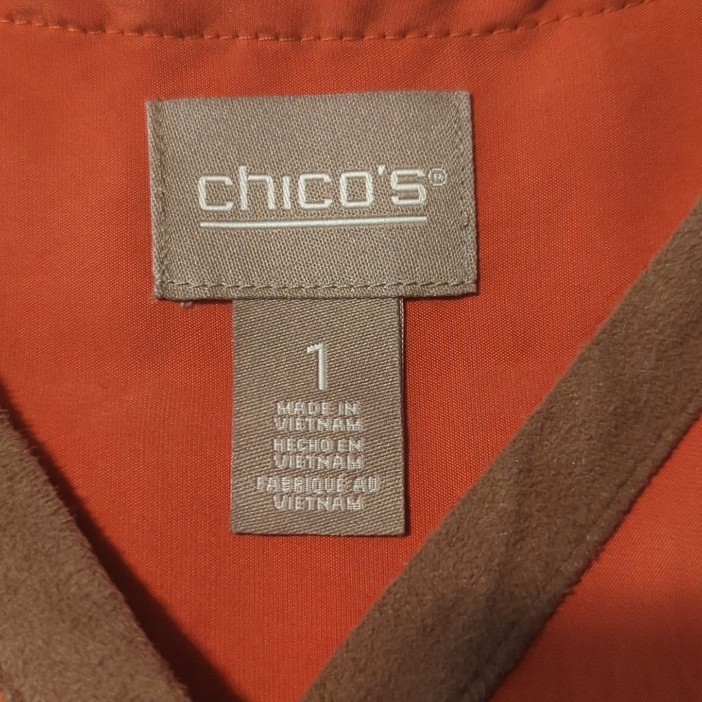 Chico's Burnt Orange Snap Front Blouse w/ Suede Like Trim Women's Sz 1 (Med.-8)