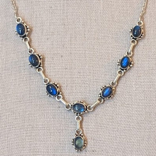 Vtg Silver Tone Bezel Set Blue Glass/Moonstone Cabochon Dangle Necklace
