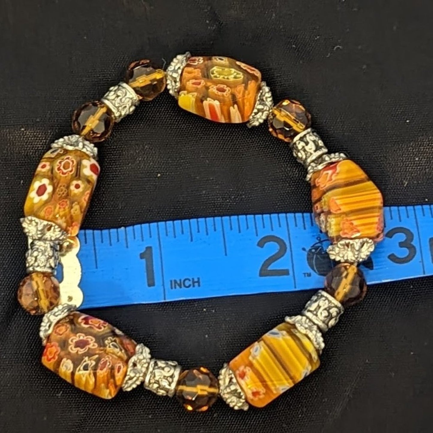 Millefiori Orange Glass Flower & Amber Beaded Stretch Bracelet