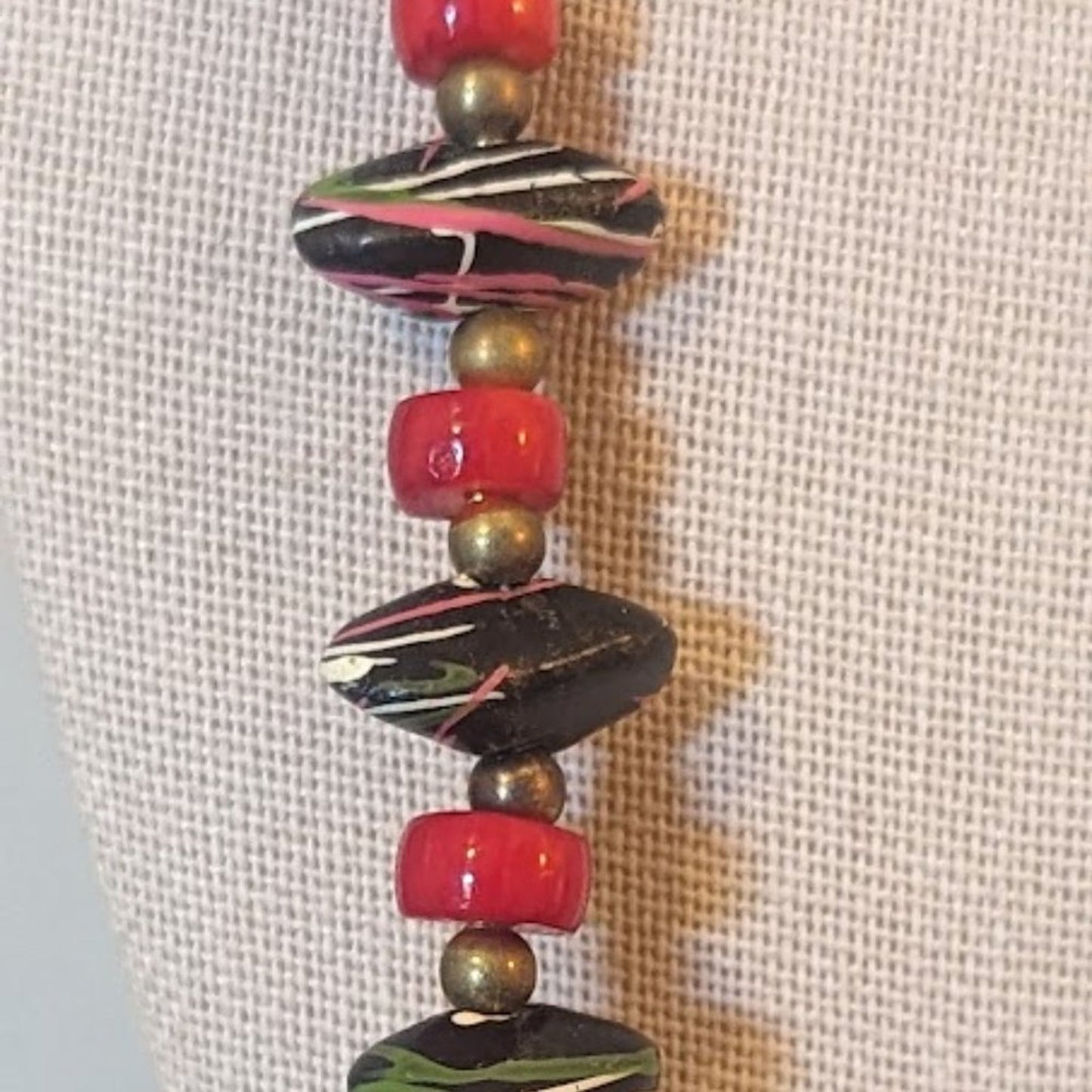Vintage Hand-Painted & Red Glass Bead Necklace
