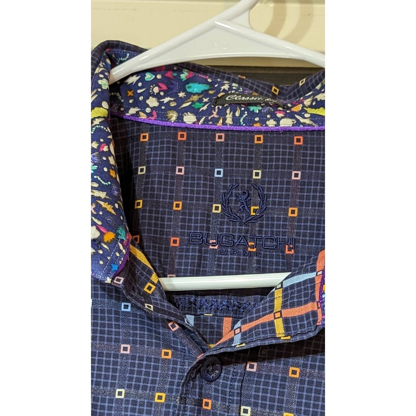 Bugatchi Uomo Men's Blue Check Long Sleeve Button Down Shirt Size L