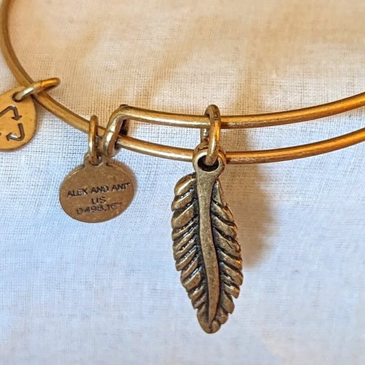 Alex and Ani Feather Charm Gold Tone Adjustable Slide Bangle Bracelet