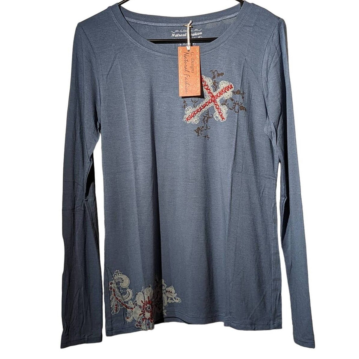 G. Designs Dusty Blue Embroidered Boho Long Sleeve Viscose/Lycra Tee Womens Sz L