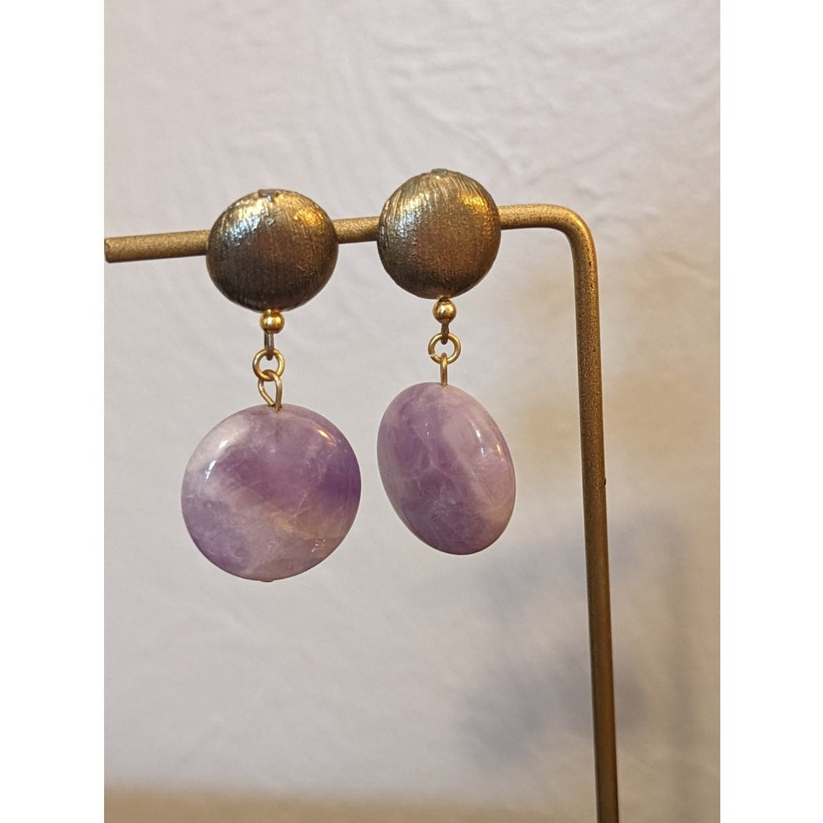 Lavender Purple Stone Dangle Gold Tone Post Earrings