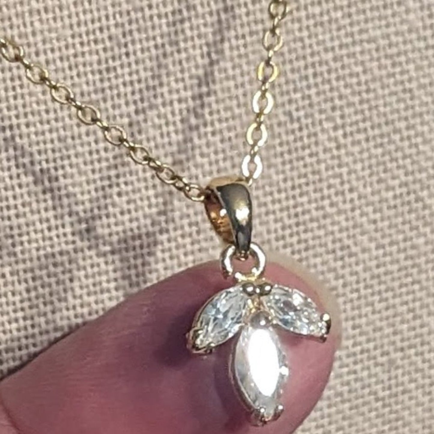 Three Marquis Cut CZ's Necklace Set in 14k Gold Electroplate on Gold Tone Chain