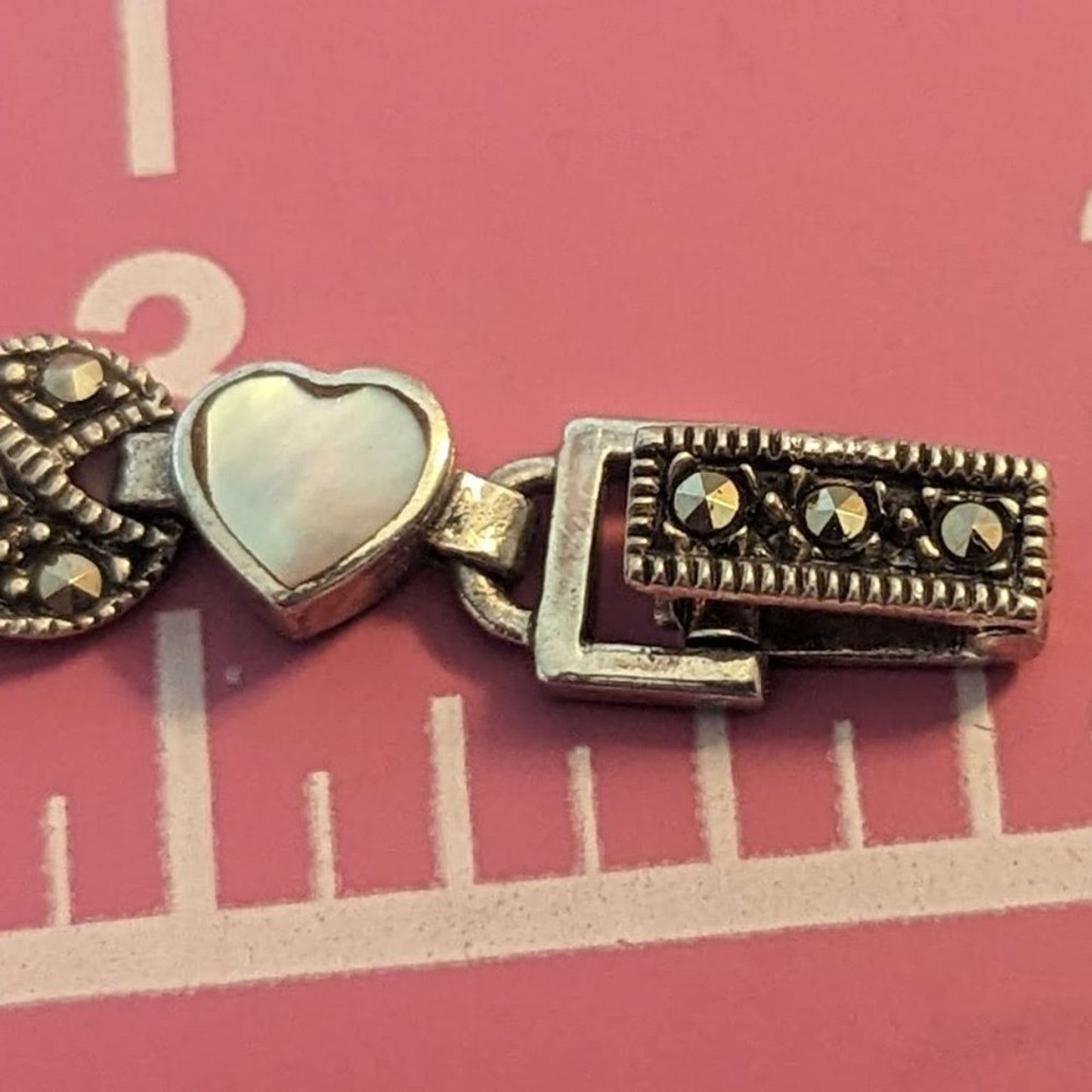 Vtg 925 Sterling Silver MOP Marcasite Fold Over Clasp Heart Link Bracelet 15.1g