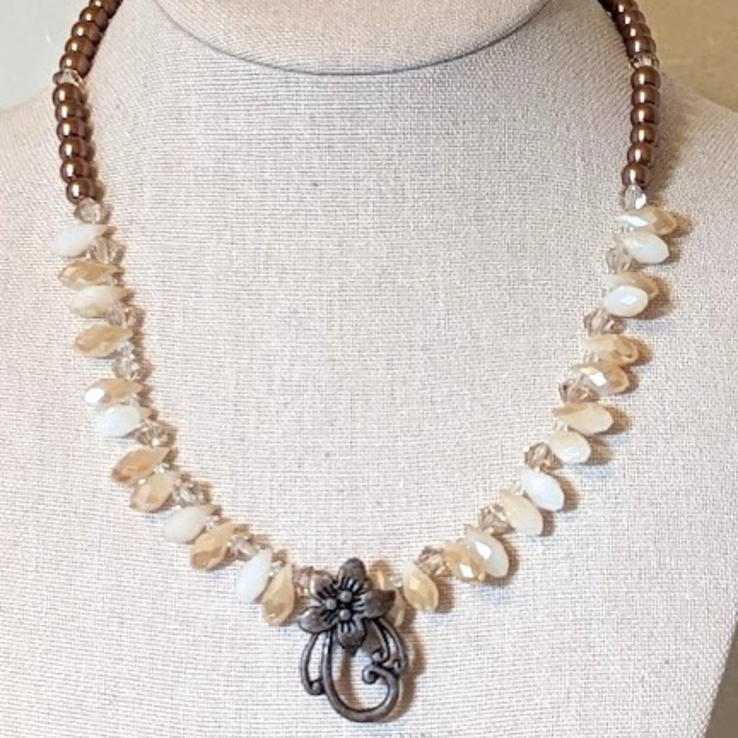 Bronze and Briolette Glass Bead Necklace with Flower Pendant and Toggle Clasp
