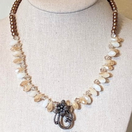Bronze and Briolette Glass Bead Necklace with Flower Pendant and Toggle Clasp