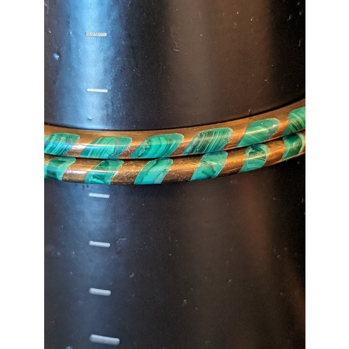 Vintage Thin Malachite Inlaid Brass Metal Bangle Bracelet Set of Two