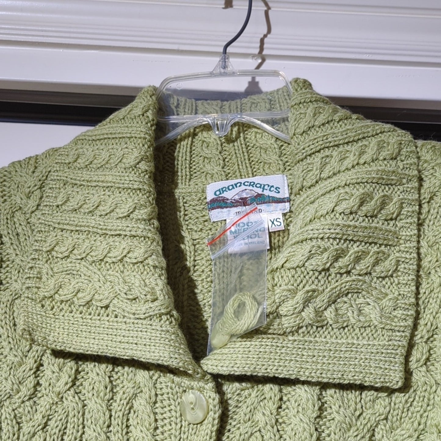 Aran Crafts Ireland Green Luxury Button Up Hand Knit Cabled Cardigan Women Sz XS
